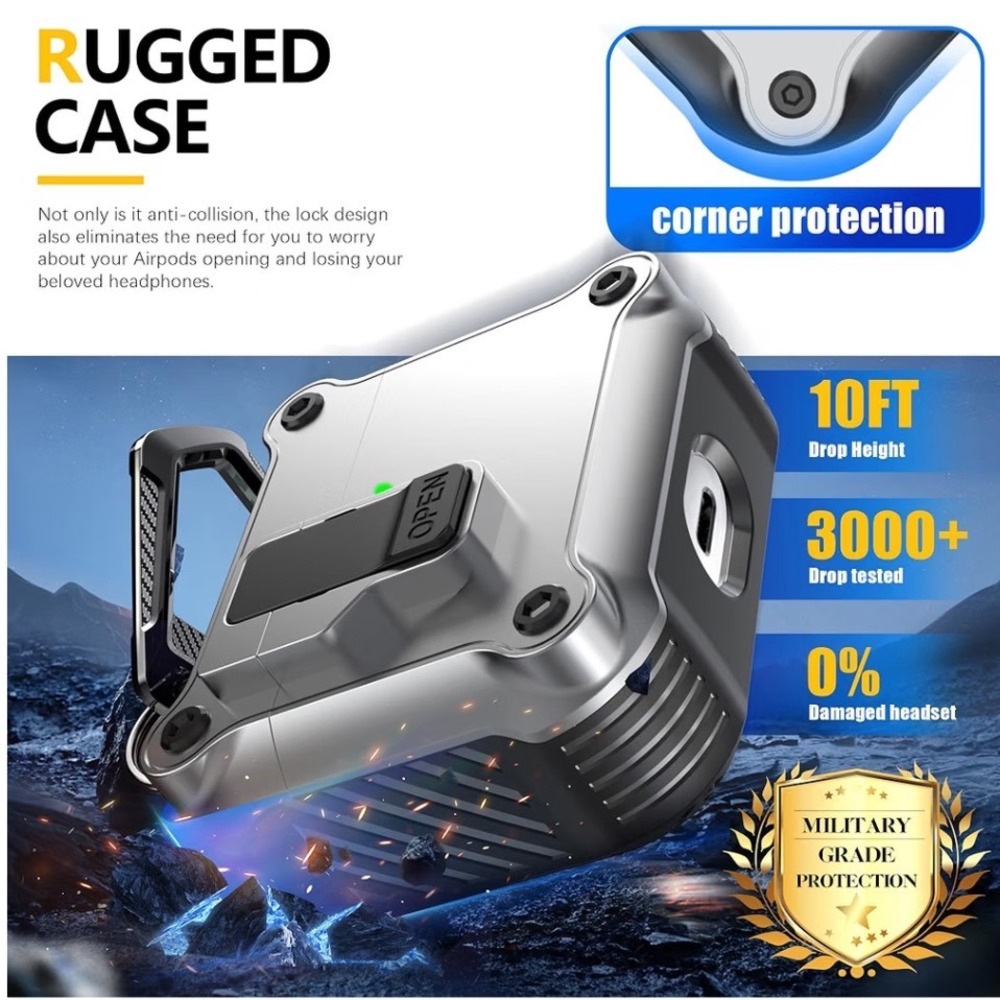RFUNGUANGO AirPods 3rd Gen Case Rugged Shockproof Silver Lock Cover Cleaning Pen - Picture 3 of 8